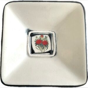 NEW Artisan Handmade Pottery Trinket Dish Bowl Hand Painted Zinnia Signed OOAK